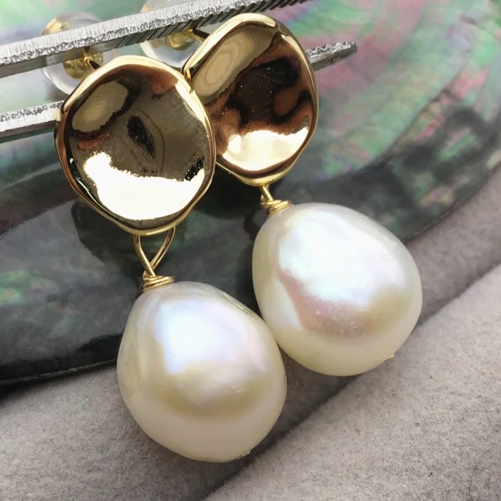 White Cultured Pearl Stud Earrings 14K Gold Plated - Picture 3 of 7